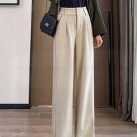 Women's High Waist Wide Leg Dress Pants - Flowy Trousers With Stretch, Winter Wool Blend Fabric, Plus Size Available In Beige, Black & Oatmeal