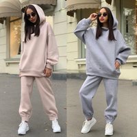 European American autumn winter fashion solid hooded sweatshirt casual two piece set