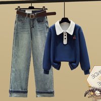 " Polo Collar Top & Cigarette Pants Set – Casual Long Sleeve Shirt Raw Hem Jeans Smart Casual Outfit"
