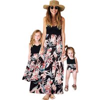 Mother-Daughter Denim Jumper Set - European Print & Patchwork Suspenders Dress