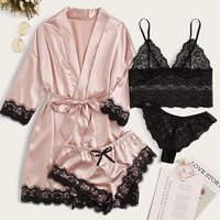 New Ladies' Sexy Pajamas Multi Piece Suits Lace Satin Suspender Nightgown