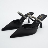 Summer Large Foreign Trade S Shoes Casual Rhinestone Pointed Toe Baotou Stiletto High Heeled Slippers