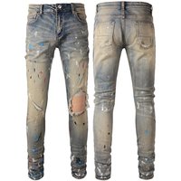 Clothing high street retro stretch ink splash graffiti jeans slim fit ripped skinny pants