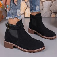 Black Martin Autumn Winter New Large Size Slip-On Short Trendy Round Toe Square Heel Mid-Calf Boots Women's Shoes
