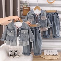 Spring Autumn New Baby Set for Toddlers And Children with Lapel Double Pockets Casual Long Sleeved Jeans Three Piece Set