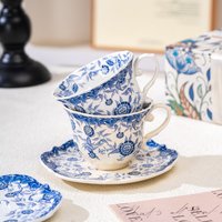 Willow Ceramic Coffee Cup & Saucer Set – Vintage Inspired Bone China Hand Painted Chinoiserie Elegant Tea Time Gift Box