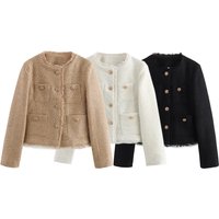 Women's Clothing three-color bright silk texture French style small fragrance round neck raw edge pocket short jacket