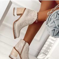 2023 Style Ladies Pointed Cowboy Boots Black Fashion High Heel Ankle Boots Embroidered Rivet Punk Style Short Boots Plus