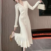 Clothing Autumn Winter Celebrity Long Sleeve Hem Long Skirt Single Breasted Fishtail Knitted Dress