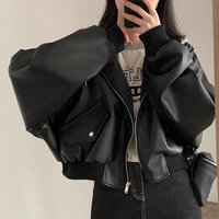 Clothing Spring Autumn Colorblock Retro Zipper Pocket Top Loose All Match Fake Two Piece Hooded Leather Jacket