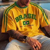 2024 Cross Border Hot Sale 3D Printed Fashion Retro Large Loose Brazil National Football Team T Shirt