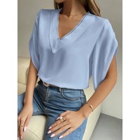 spring summer V neck lace solid top temperament short sleeved chiffon shirt