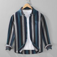 Color Woven Striped Linen Long Sleeved Men’s Shirt Casual Retro Square Collar Top