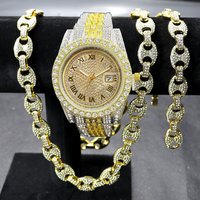 Full Diamond Hip Hop Watch Character Cuban Bracelet Necklace Set Roman Scale Calendar Quartz Watch