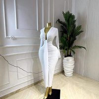 Long Sleeved V Neck Pleated Slit Maxi Dress European American Style Sexy High Elastic