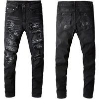 Men's Clothing European And American Men's High Street Black Jeans Men's Hand Worn Multi Patch American Style Small Feet Trendy Brand 669