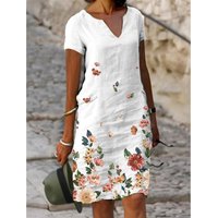 2023 selling floral print cotton linen short sleeved medium length V neck dress