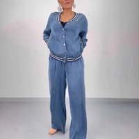  Casual Knit Cardigan & Wide Leg Pants Set Comfortable Polyester Blend Lounge Outfit Patchwork Design