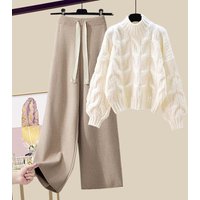 Clothing Autumn Winter Knit Sweater & Wide Leg Pants Set – Cozy Lazy Style Slim Fit Versatile Outfit 