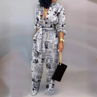 Voghion Women's Newspaper Print Long-Sleeved Jumpsuit