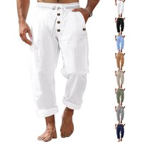 Spring And Autumn American Beach Solid Color Cotton Linen Loose Drawstring Button Casual Pants For Men