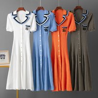 French Style Knit Dress Elegant Polo Collar Embroidered Long Maxi Dress