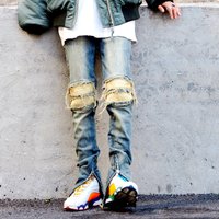 Clothing high street fashion brand washed slim zipper knee ripped jeans trousers
