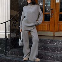 Knit Turtleneck & Wide Leg Pants Set Spandex Lounge to Street Coord 