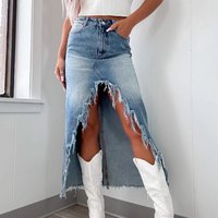 Women's Clothing Skirt High Waist Irregular Raw Edge Distressed Washed Skirt Women