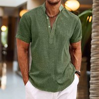 Men's Clothing Half Sleeved Men's Shirt Summer Solid Color Stand Up Collar Men's Half Cardigan Cotton And Linen Short Sleeved