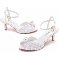 Women's Shoes 6cm fish mouth high heel sandals shallow buckle large size round toe high heels hollow fish mouth satin pearl sandals