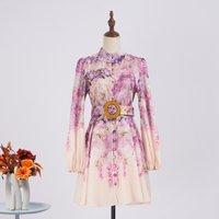 Australian Design Dress Belt Long Sleeves Printed Pattern Single Breasted Short Skirt Dress
