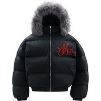 Gothic Letter Embroidered Fur Collar Hooded Cotton Jacket Trendy Winter Thickened Hat Detachable Stand Up Collar Coat