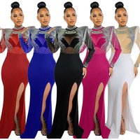 Clothing Sexy Perspective Mesh Hot Diamond Slim Slit Dress