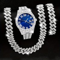 Hip Hop Men’s Rhinestone Jewelry Set – Stainless Steel Watch, Bracelet & Necklace Combo, Silver Bling Accessories