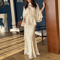 Floral Print Batwing Sleeve Dress Set Tie Waist – Elegant Long Sleeve Tunic & Maxi Skirt Outfit Polyester Spandex Blend Wrinkle Free
