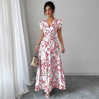 line Floral Print Beach Hem Charming Holiday Look 2025 Party Short sleeve Fashion Ruffled Elegant