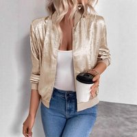  Solid Zip Up Stand Collar Casual Jacket – Lightweight Polyester Blend Autumn Winter 