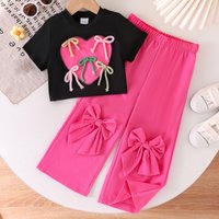 Girls Trendy 2-Piece Set Heart Print Bow T-Shirt Wide-Leg Pants Black Sizes 2Y-7Y