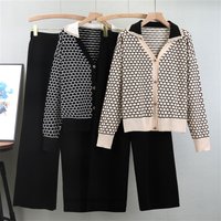 Clothing autumn niche characteristic plaid V neck temperament knitted cardigan suit fashionable wide leg pants two piece suit trendy