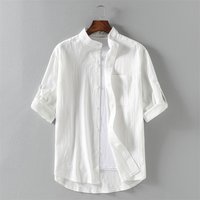 Clothing Three quarter sleeve shirt summer retro stand up collar linen short sleeved shirt mid sleeve cotton linen inch shirt