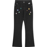 Clothing High Street American Style Flower Letter Embroidery Worn Flared Jeans Fashion Brand Loose Wide Leg Trousers
