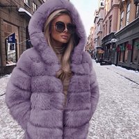 Clothing Autumn winter mid length swing hood fur jacket top plush warm jacket