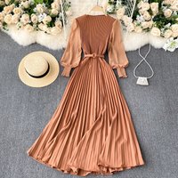 French-Inspired Pleated Midi Dress – Flattering Wrap Waist Design With Flared Sleeves, Lightweight Polyester For Effortless Spring Elegance