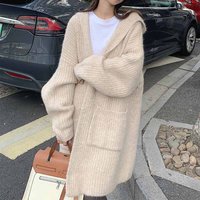 Women’s mid-length lazy style coat hooded sweatshirt coat women’s autumn and winter large flap pocket pants loose knitted cardigan