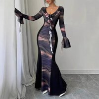 Women’s Clothing Fashion Tie Dye Print Pleated Sexy Tight Fishtail V Neck Dress