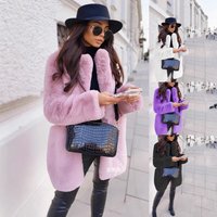 European American Style Long Sleeved Lapel Faux Fur Coat Solid Warm Mid Length Coat Finely Knitted Rabbit Fur Top.