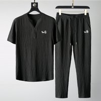 Clothing thin casual sports suit summer Chinese style high end V neck embroidery slim short sleeved two piece suit