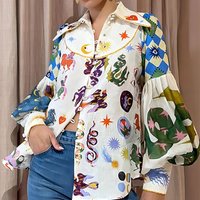 Clothing Loose Casual Cartoon Printed Lapel Single breasted Long sleeved Shirt