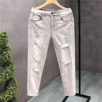 Men's Clothing Retro Washed And Distressed Light Colored Ripped Jeans For Men Trendy Slim Fit Cropped Style Jeans